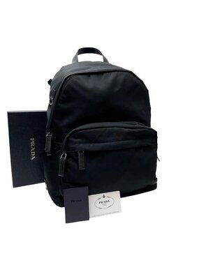 Prada Nylon Leather Triangle Plate Logo Backpack Black